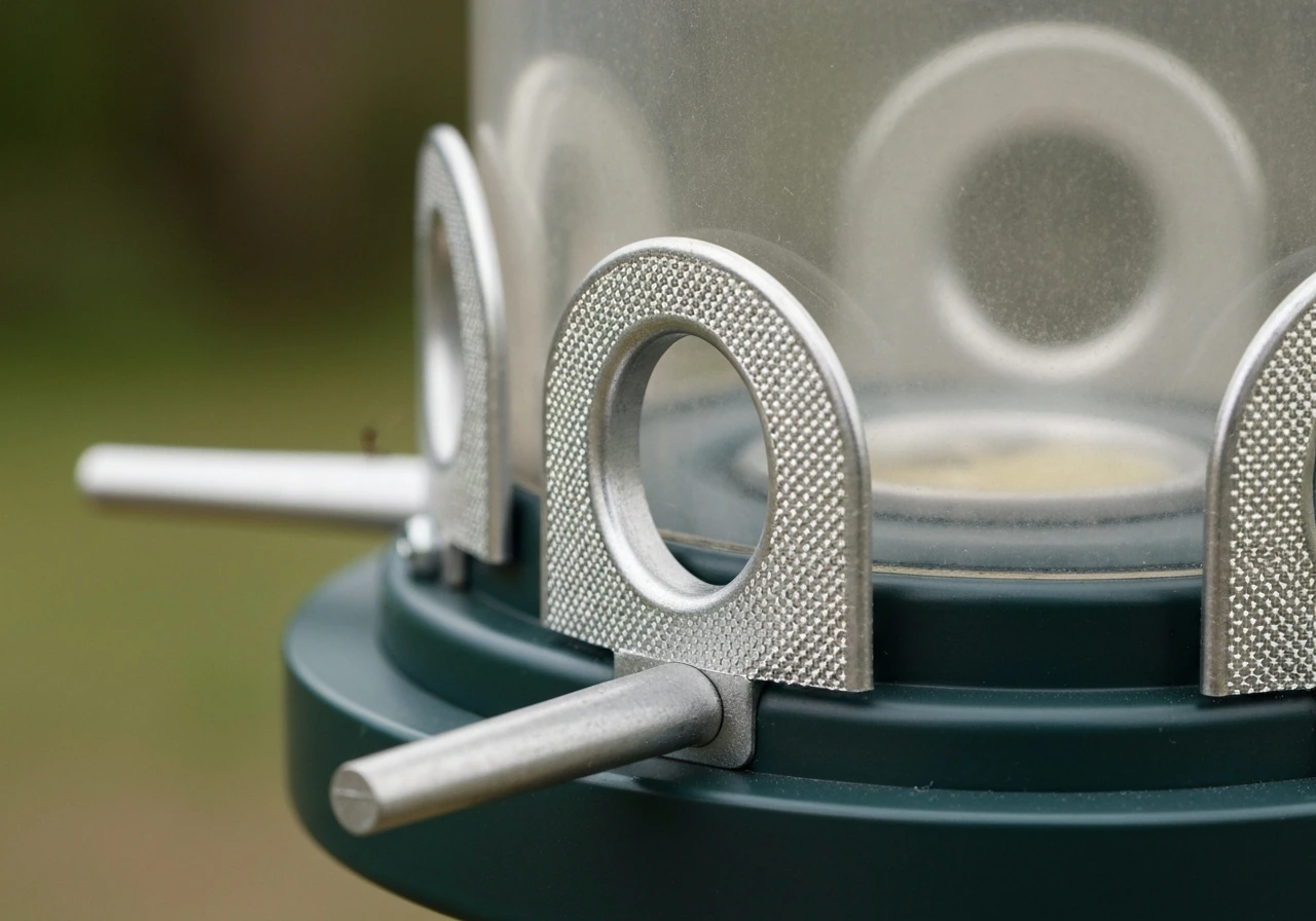 Close-up of a feeder’s protective guard around nectar ports, showing a physical barrier against insects