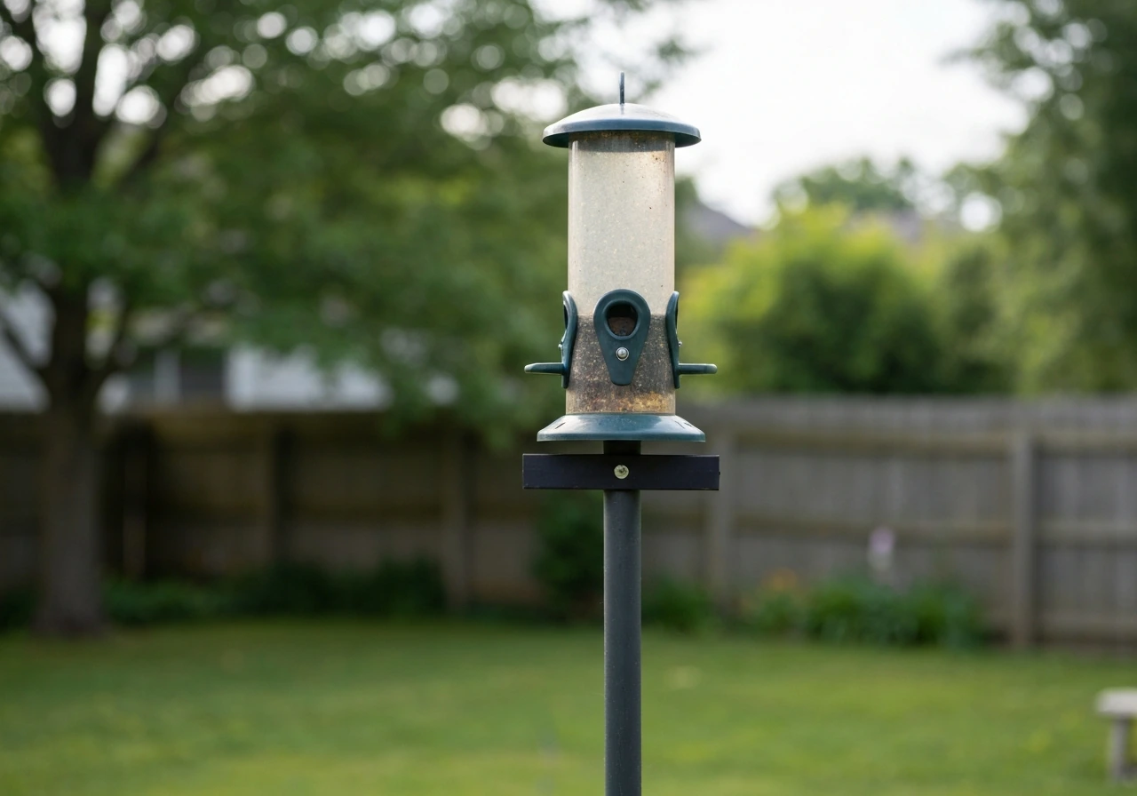 Pole-mounted oriole feeder with protective baffle at about 5–6 feet in a backyard setting.