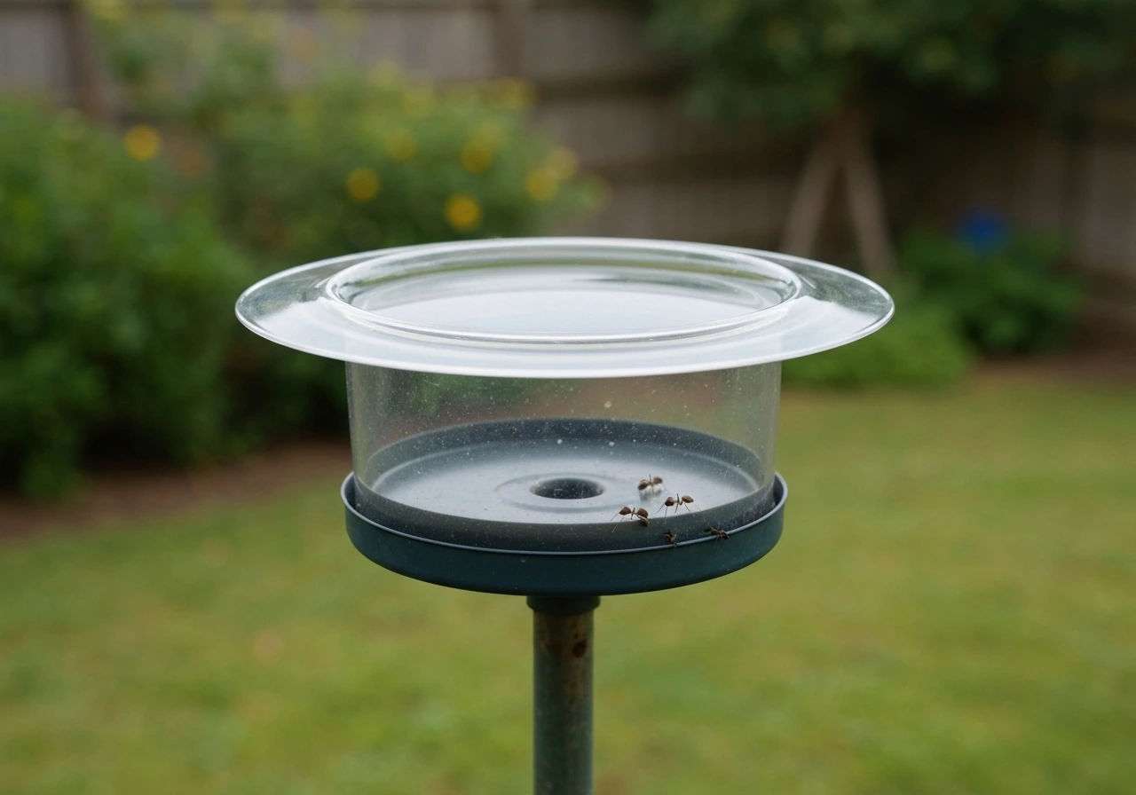 Bird feeder with a water-filled ant moat and baffle, with ants near the water rim.