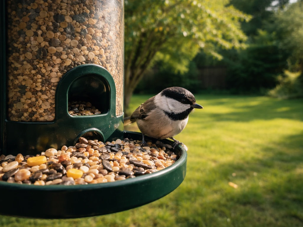 Daytime backyard footage view of a bird feeder with a small songbird perched, crisp details in natural light.