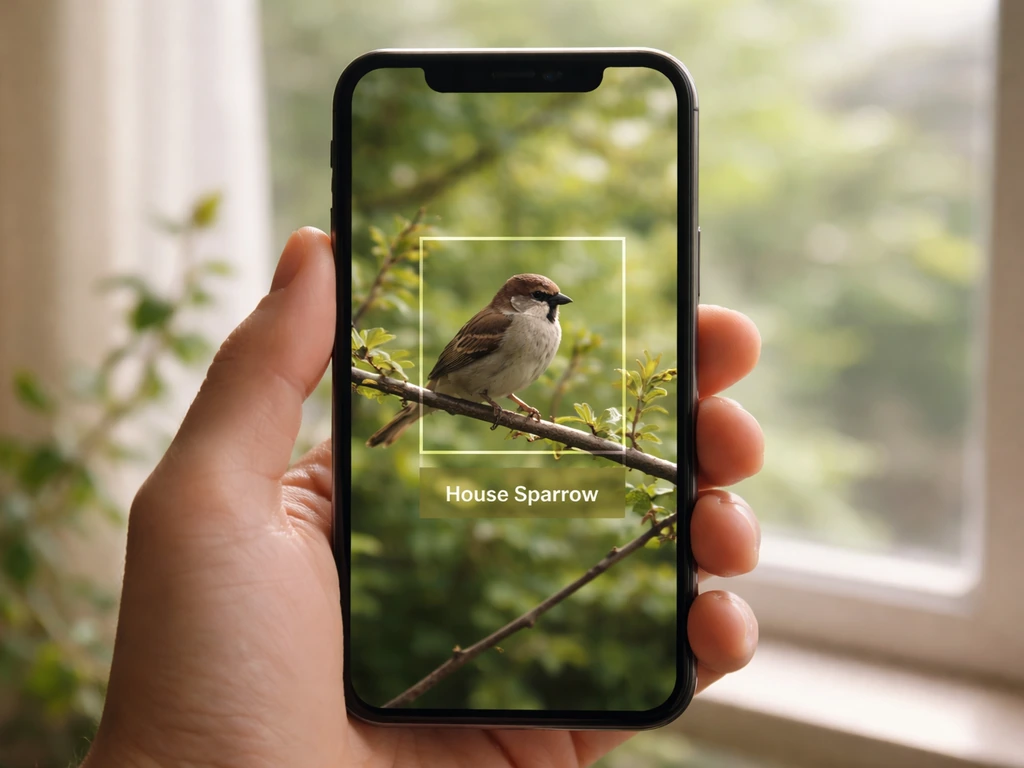 Close-up of a phone screen detecting a perched bird with a subtle AI overlay label