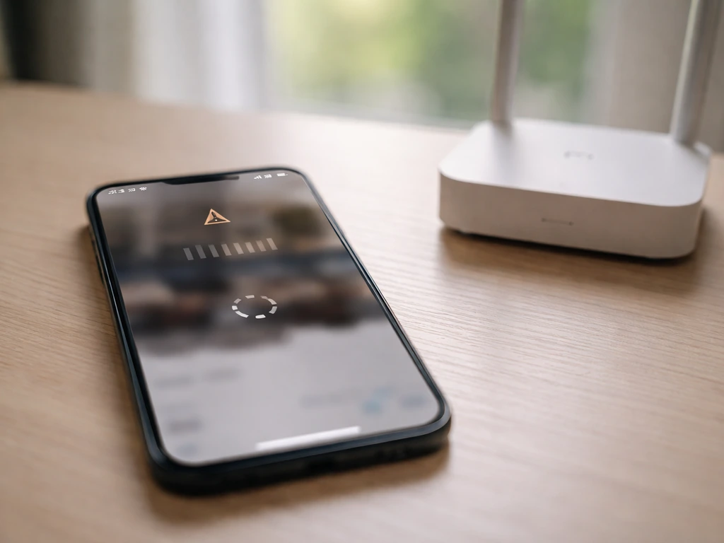 Close-up of a smartphone on a desk showing a paused clip upload and unstable Wi‑Fi connection