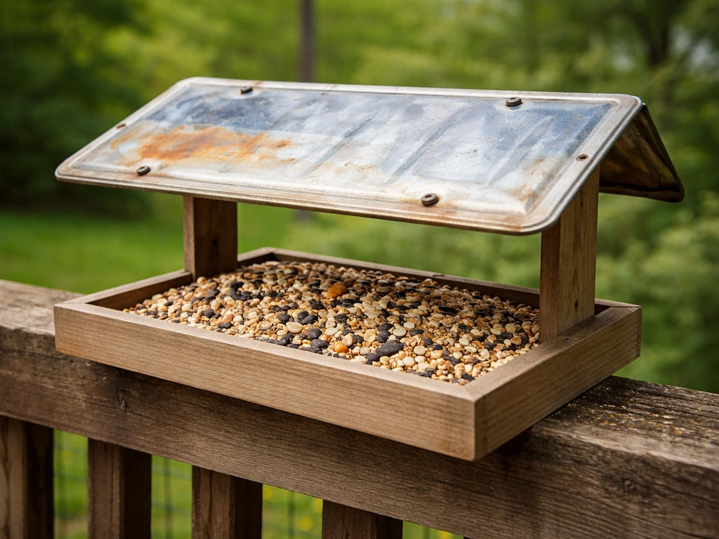 Outdoor platform bird feeder with a roof made from a repurposed license plate, seed visible on tray.