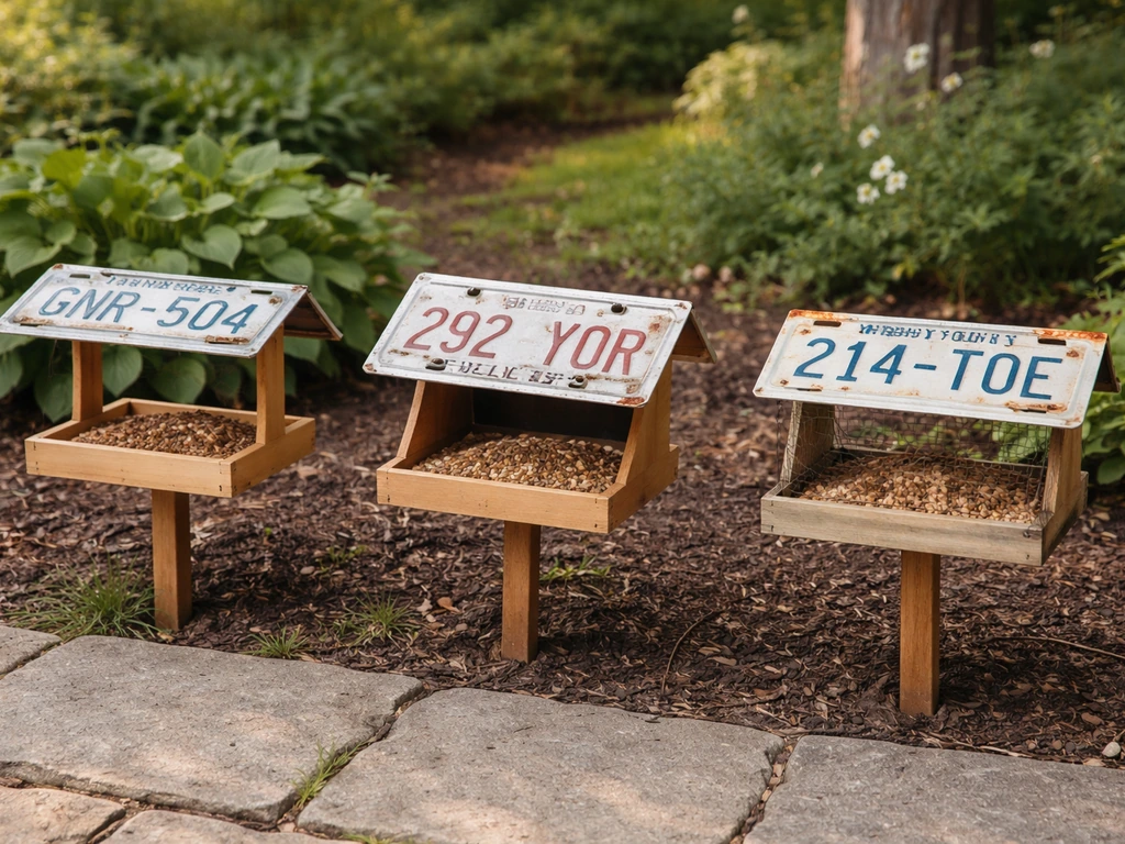 Three DIY license-plate bird feeder designs: open, slanted covered, and wire-mesh protected tray.