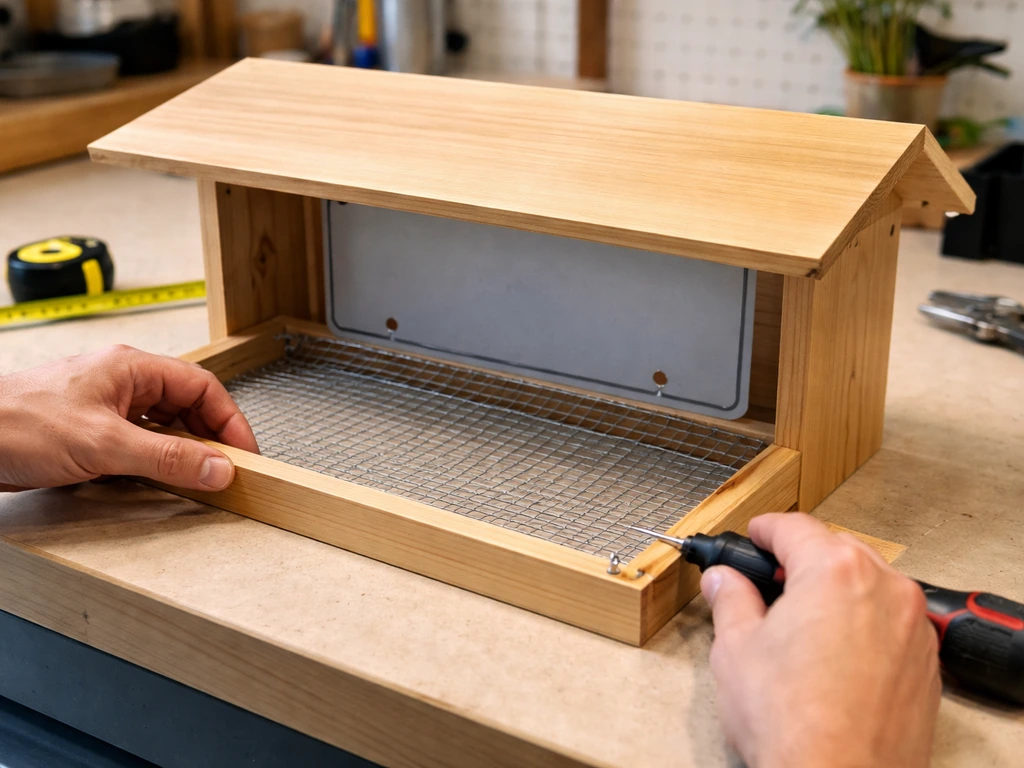 DIY tray frame on workbench with wire mesh being attached under a small roofed platform measured by a license plate