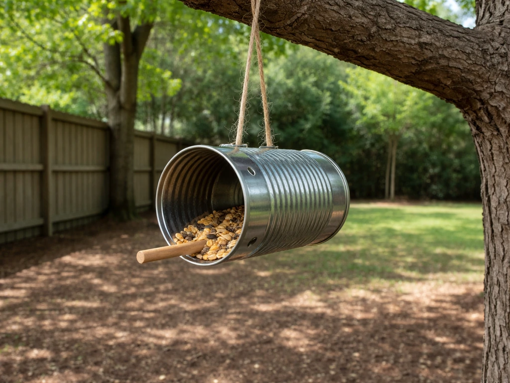Tin can bird feeder hanging high from a porch rail, emphasizing safe height off the ground.