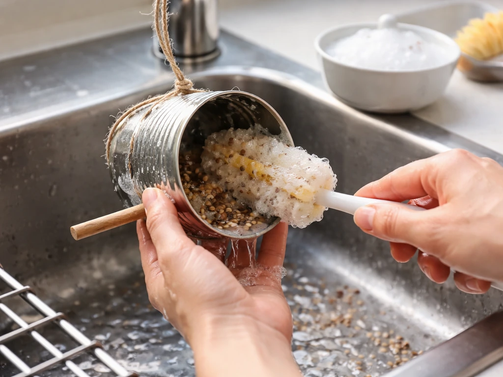 Hands rinsing and scrubbing a small tin can bird feeder with dish soap, then drying it on a rack