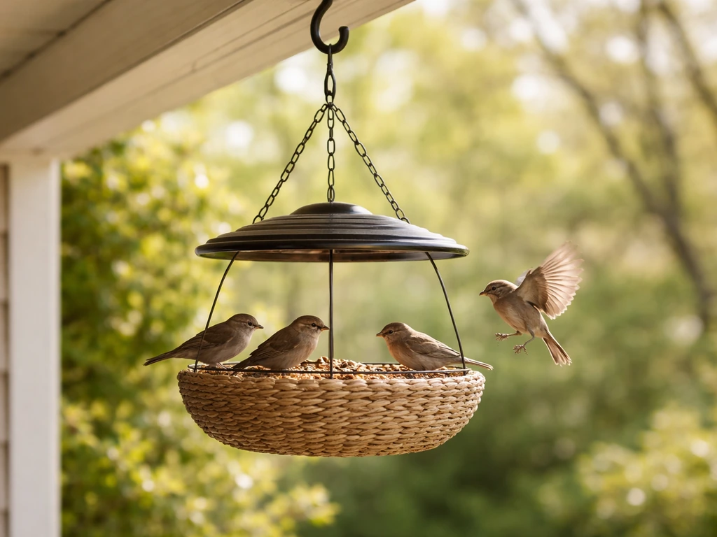 Inviting hanging bird feeder in a backyard during nesting season with a few small birds nearby