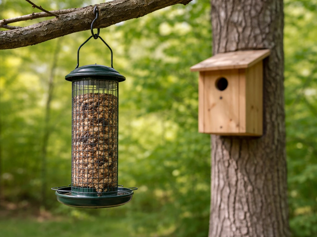 Close-up of a seed bird feeder with nearby wooden nest box on a tree branch