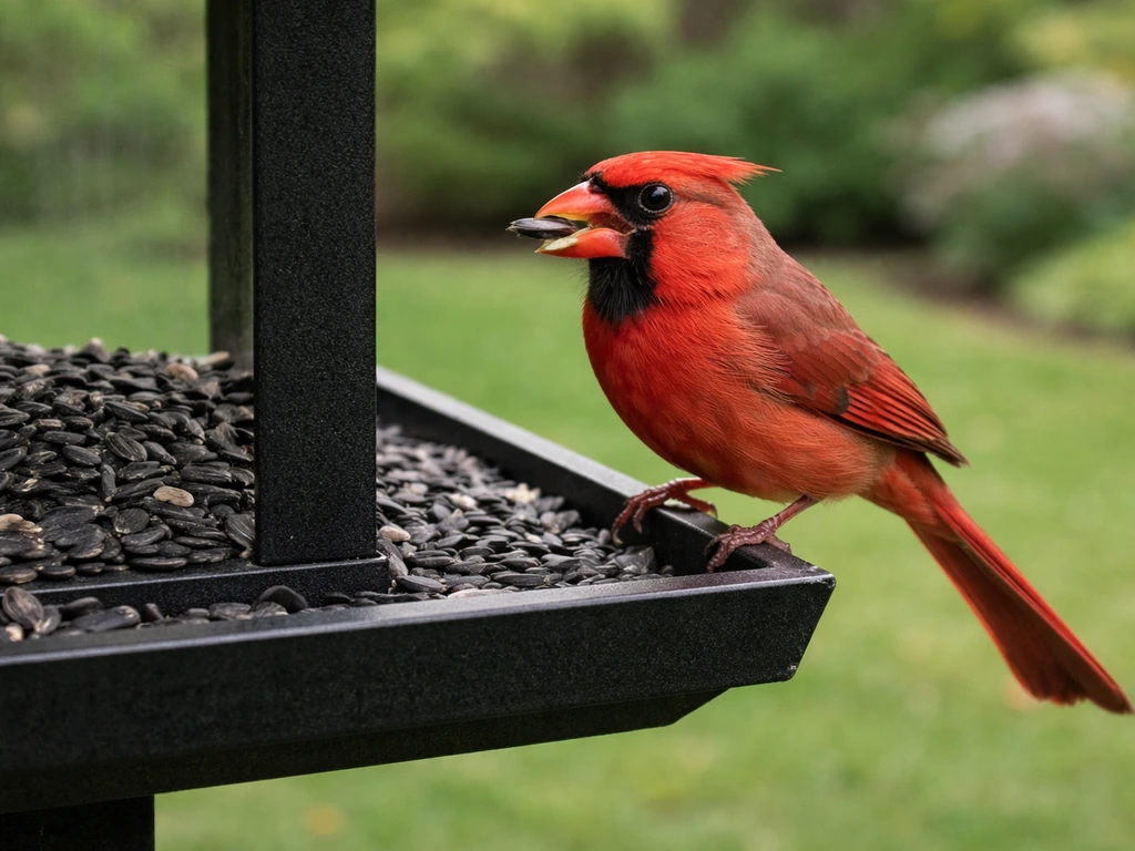 A Northern Cardinal perched on a black hopper feeder filled with black oil sunflower seeds.