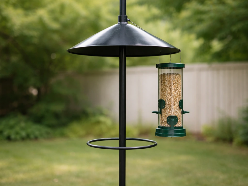 Bird feeder on a pole with a squirrel baffle barrier installed in a quiet backyard.
