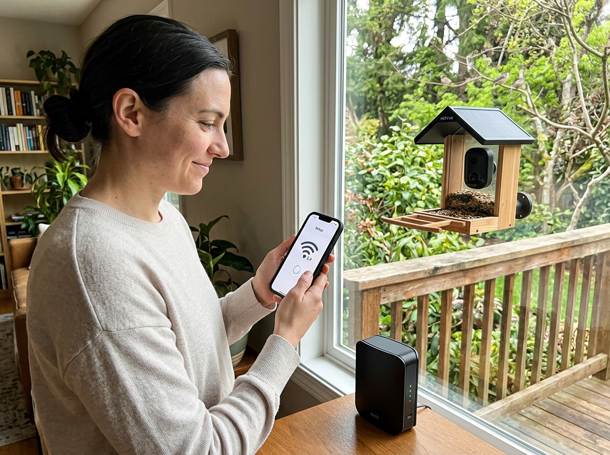 Smart feeder camera being set up in the app using a phone