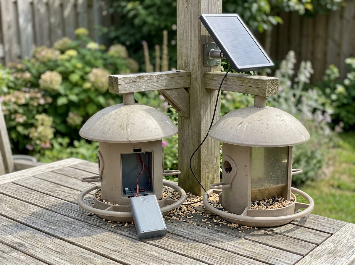Side-by-side photo showing battery-powered and solar-powered feeder setups