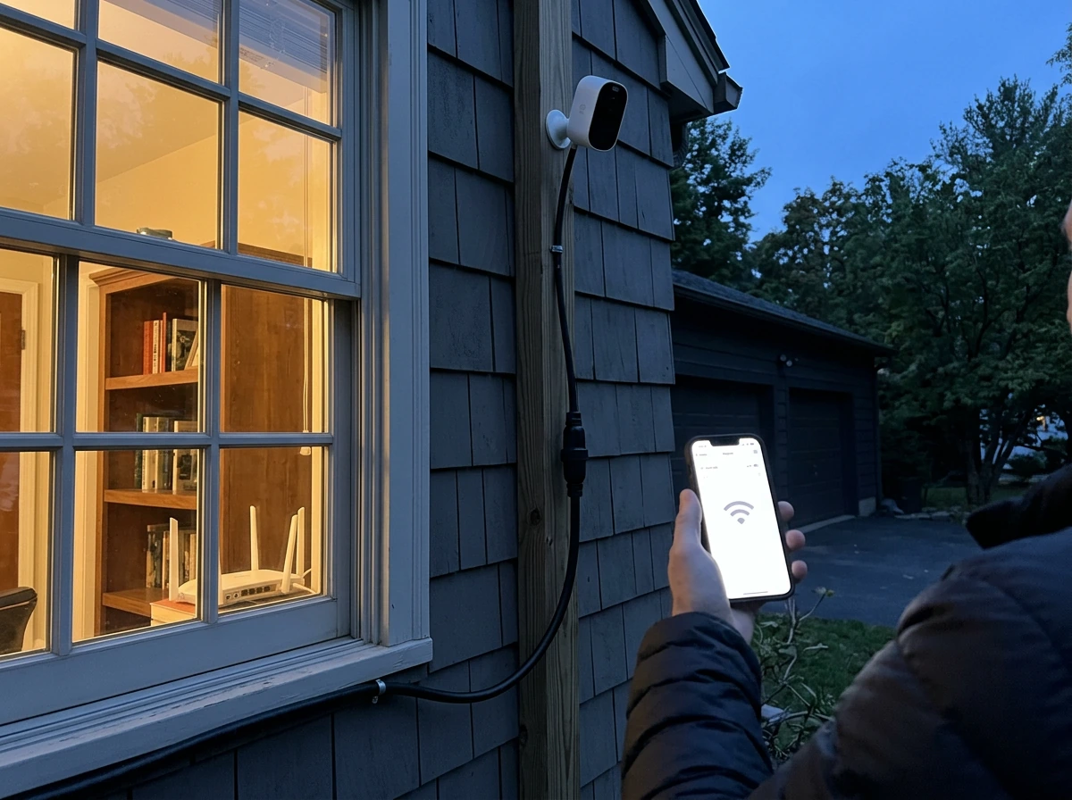 Phone checking connectivity near the outdoor smart bird feeder camera at dusk