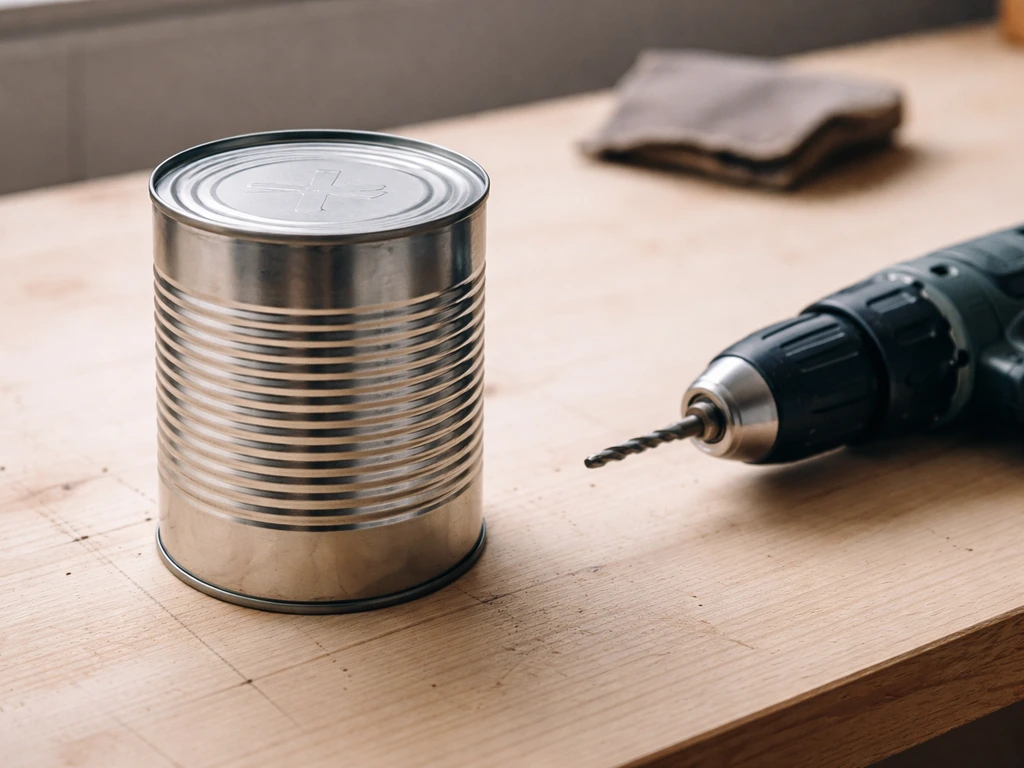 Clean tin can on a workbench with a drill and visible measurement markings before drilling bird-feeder holes.