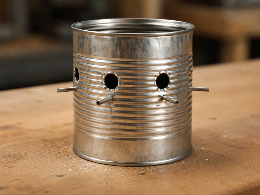 Close-up of a tin can with drilled side feeding holes and a small perch piece below each hole