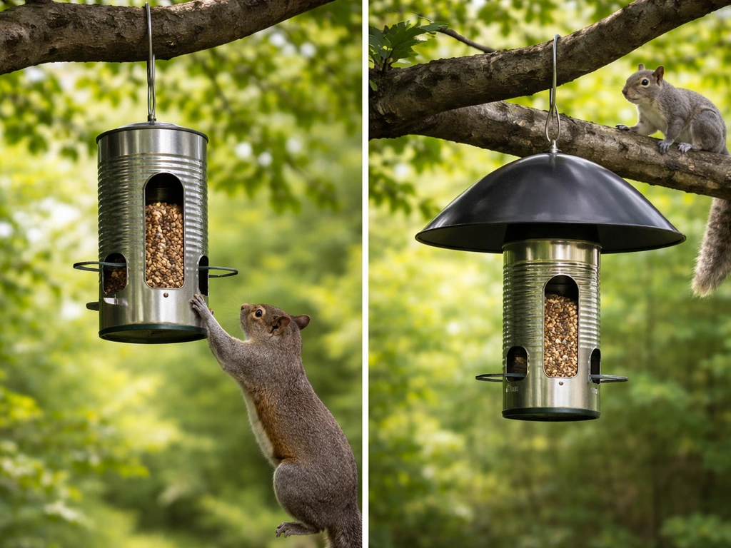 Squirrel tries to reach an unsecured tin feeder; a baffle setup blocks access beside it.