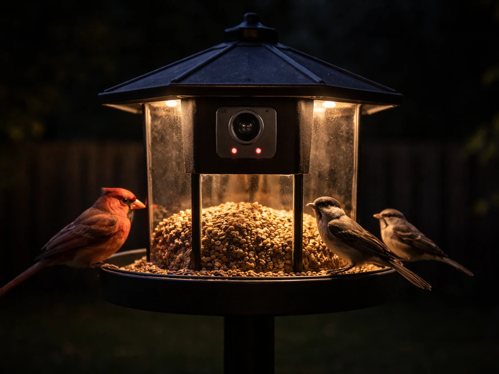 Nighttime yard with a bird feeder camera mounted on a feeder, birds perched under subtle IR light.