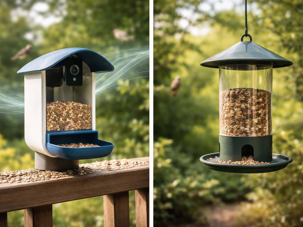 Side-by-side photo of a smart camera bird feeder sending data vs a basic feeder without AI.