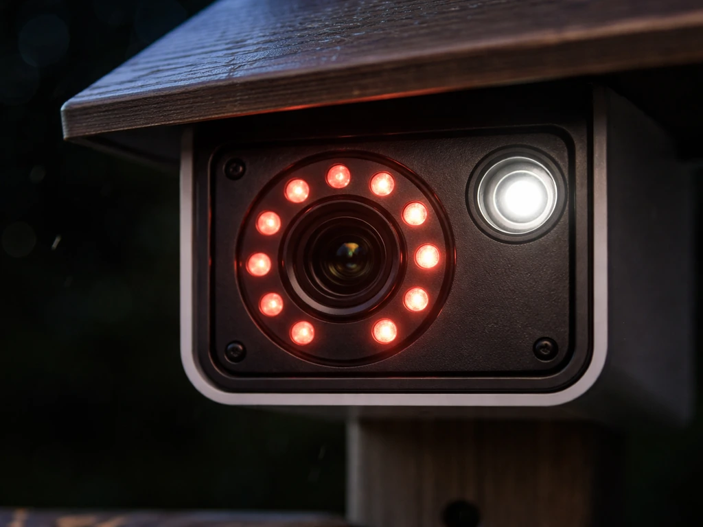 Close-up of a bird feeder camera module at night with visible IR LEDs and white-light illumination.