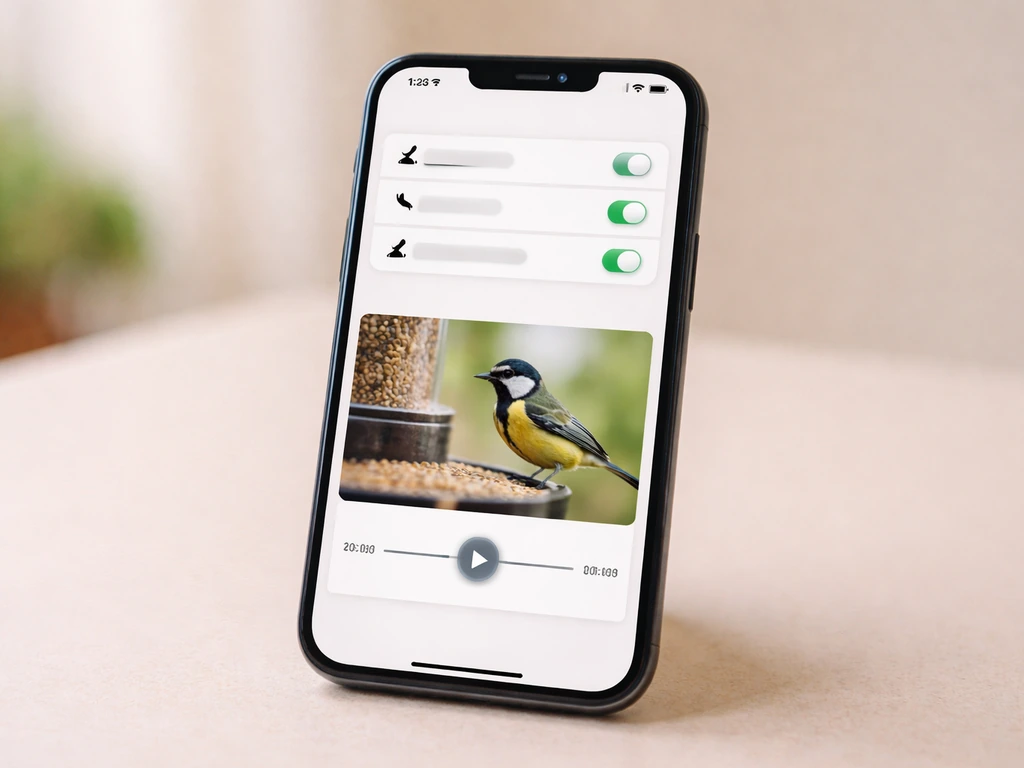Smartphone on desk displaying bird detection and notification settings plus recorded clip playback.