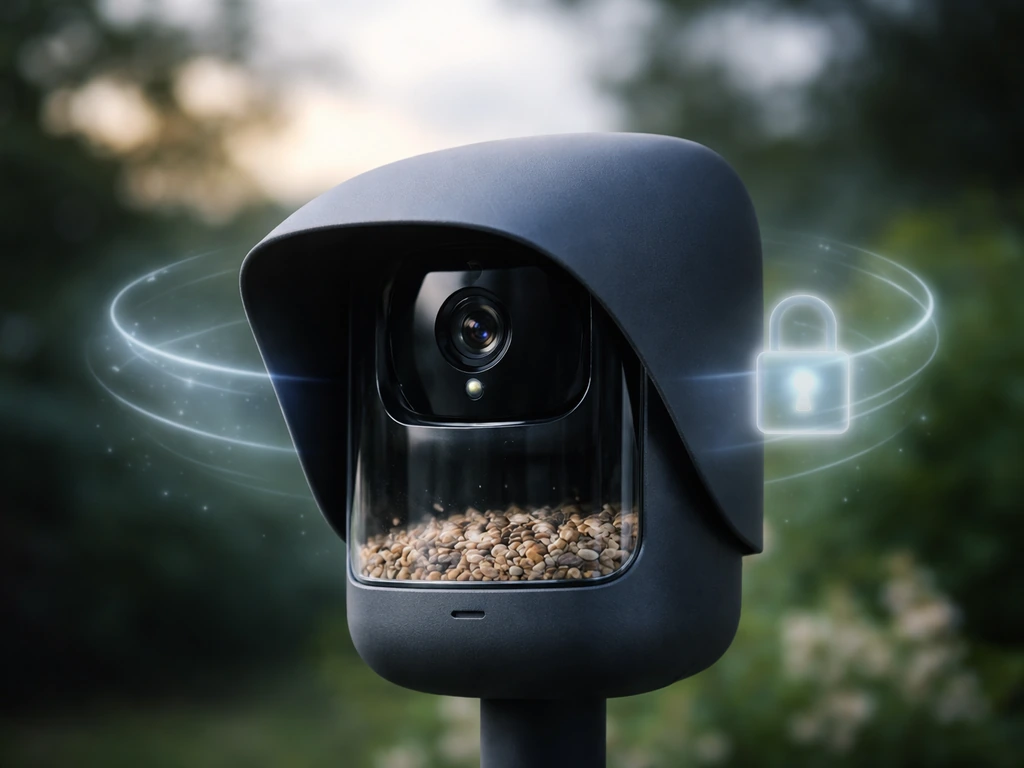 A covered smart bird feeder camera with a subtle privacy and cloud-encryption visual concept