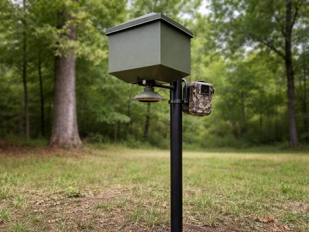 Outdoor feeder on a pole with a trail camera mounted beside it, aimed slightly downward at the perch