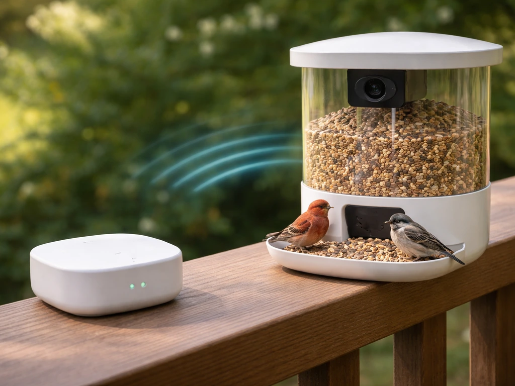 Smart bird feeder beside a Wi‑Fi router with a visible 2.4GHz-style wireless glow