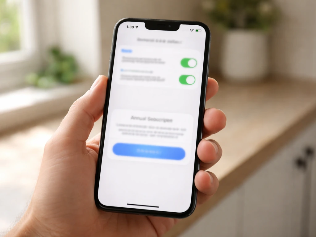 Close-up of a smartphone showing smart-feeder notification settings and a subscription plan screen