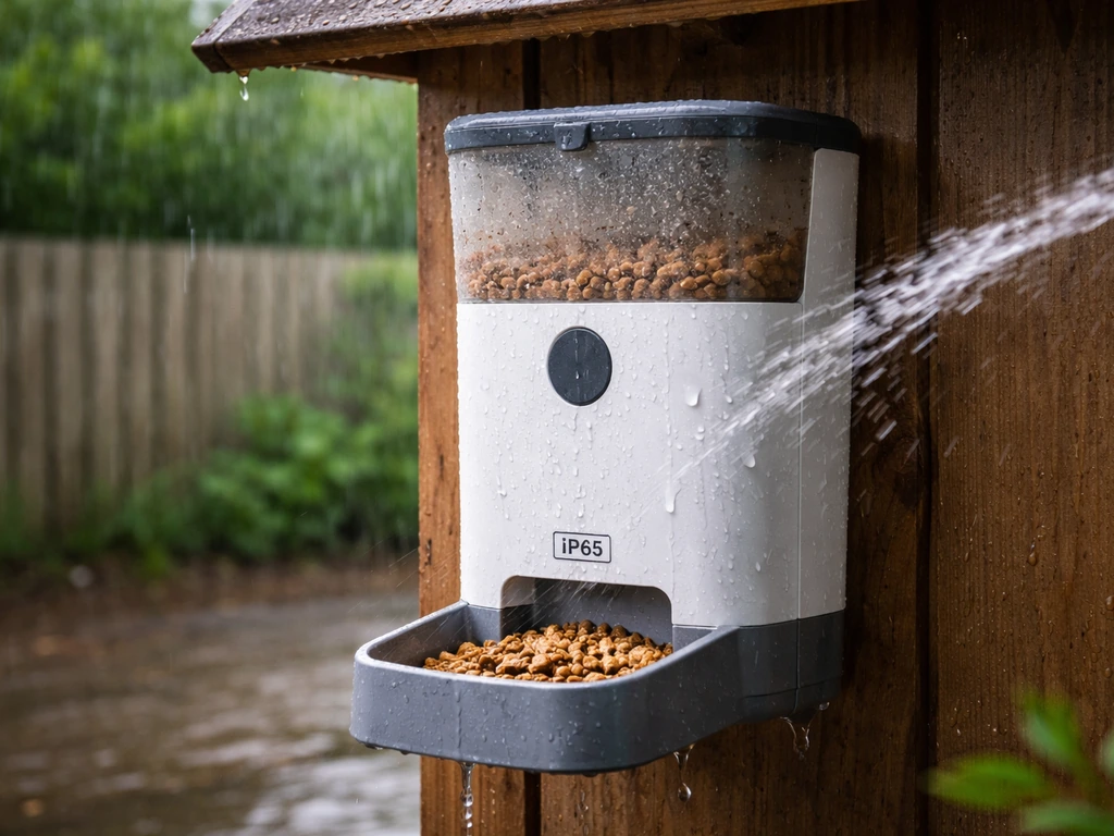 Outdoor smart feeder under a light rain, with a small IP rating label visible on the device housing.