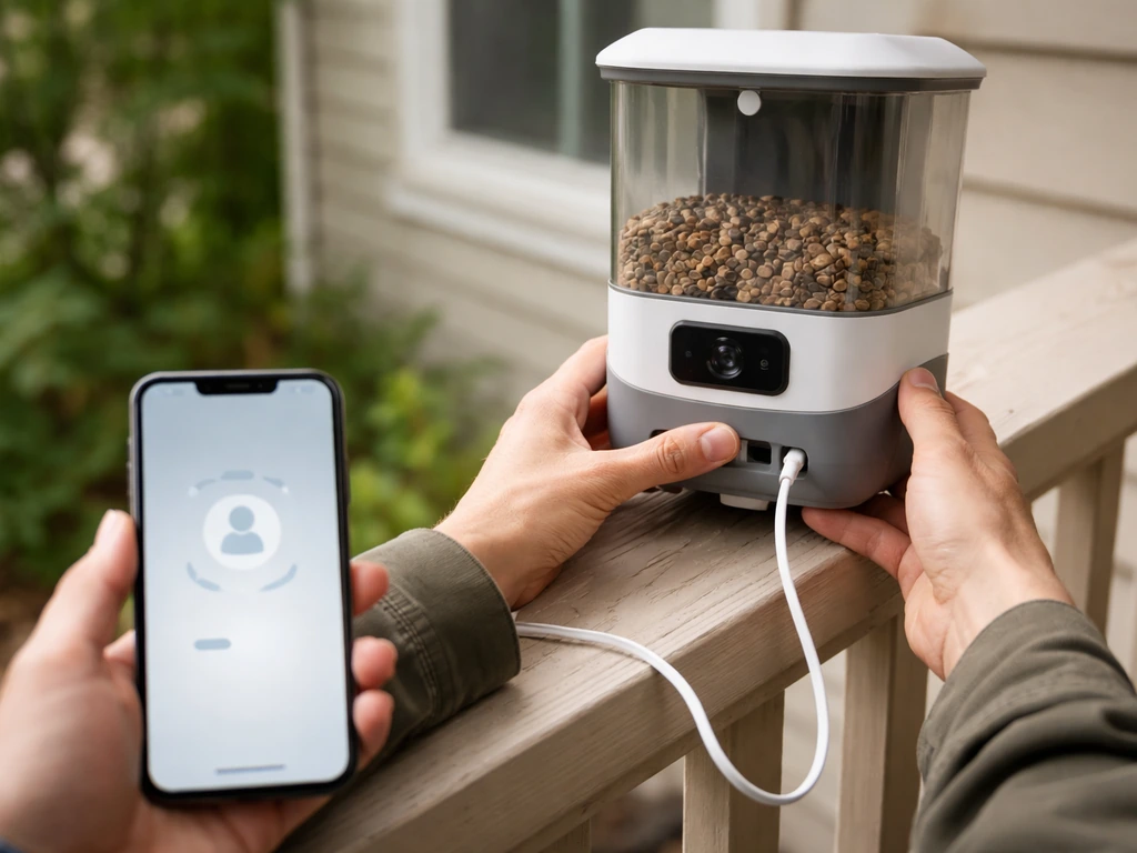 Phone pairing a smart bird feeder while it’s being set up on a porch