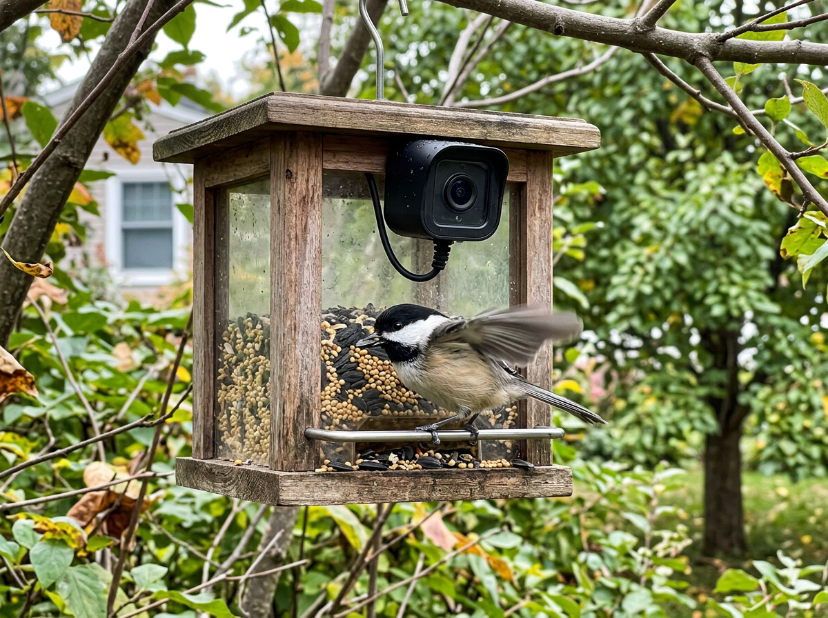 Bird feeder cam showing fast action of a small bird at the feeder