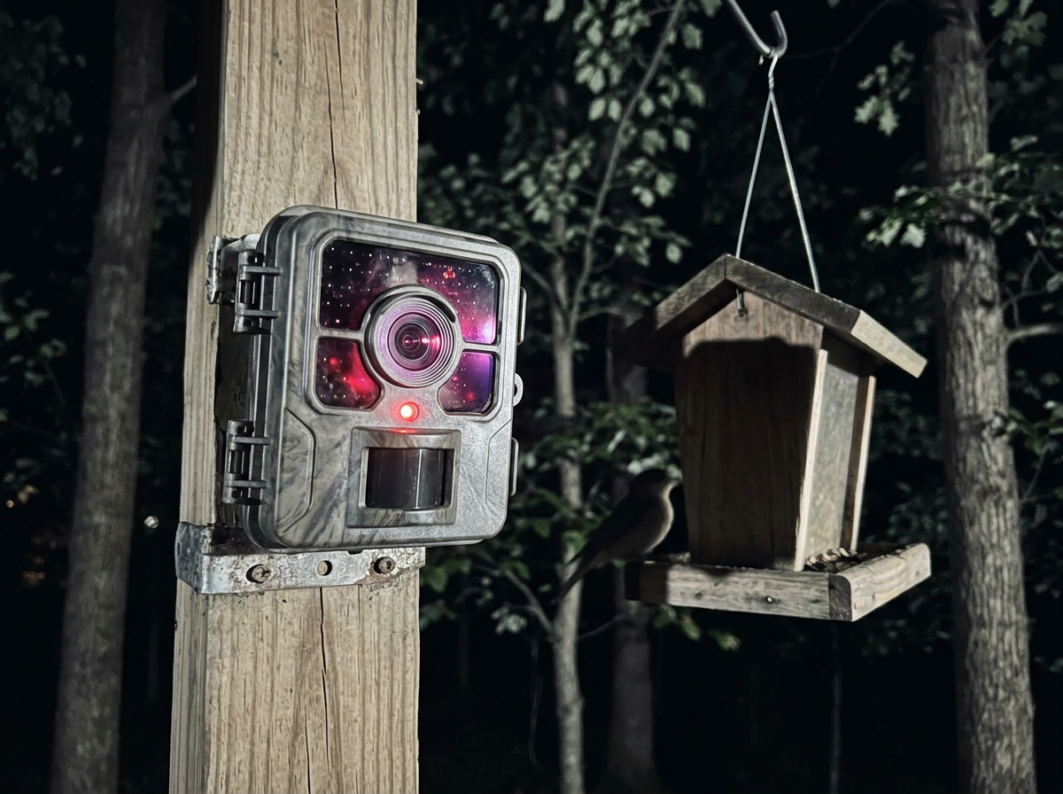 Infrared LEDs glowing on a bird feeder camera for night vision