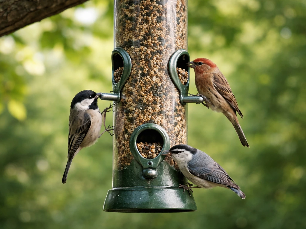 Small clinging finch/chickadee/nuthatch-like birds feeding at the seed ports of a hanging tube feeder.