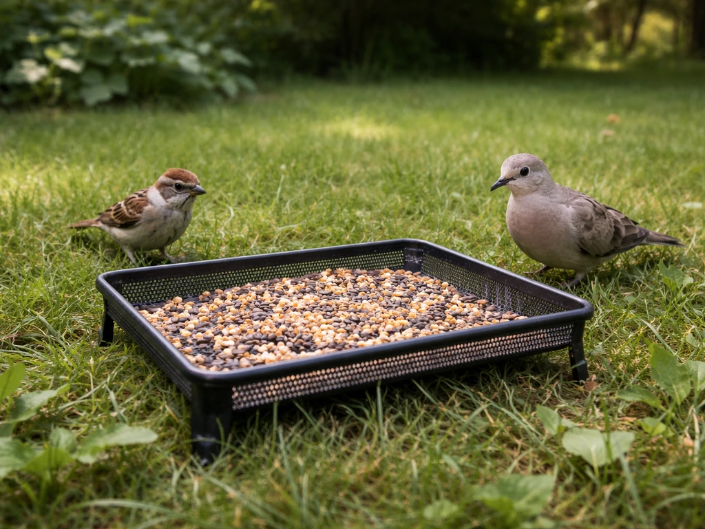 Two small ground-feeding birds stand by an open tray feeder on grass in natural daylight.