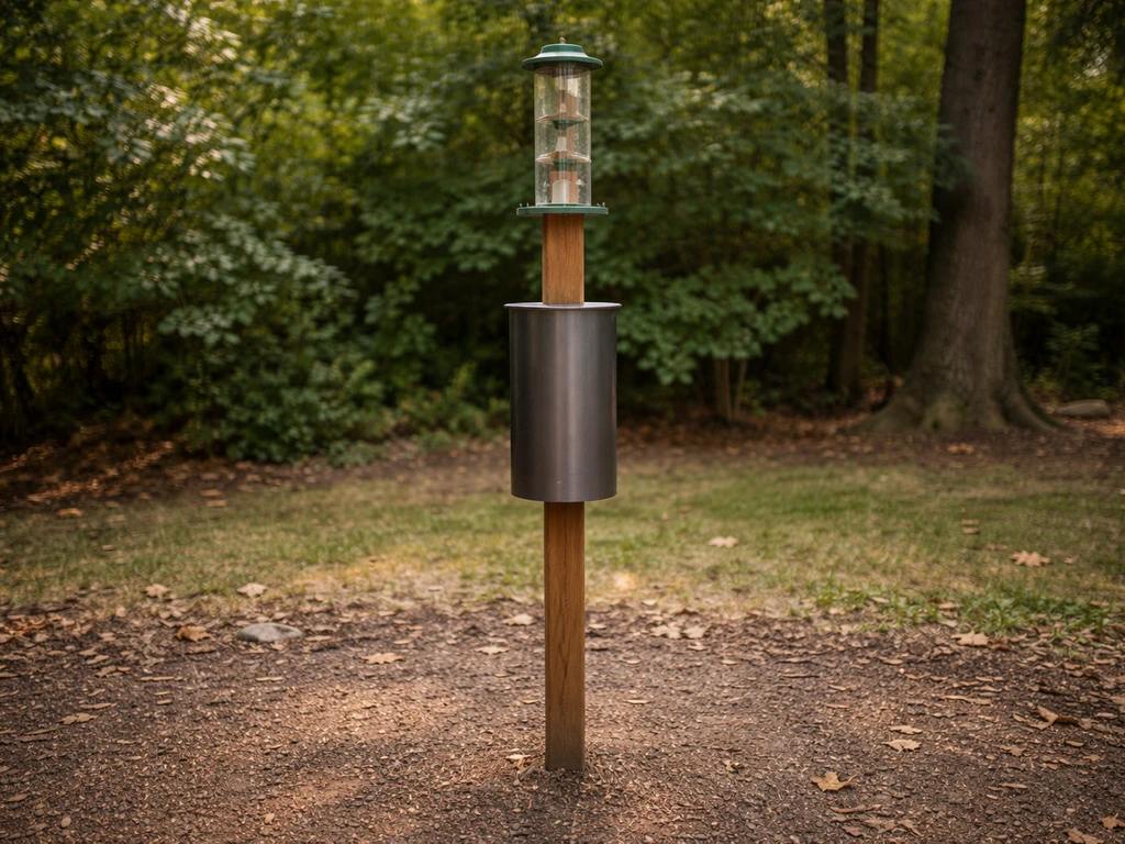 Bird feeder with a metal squirrel guard and clear barrier separation from a nearby post