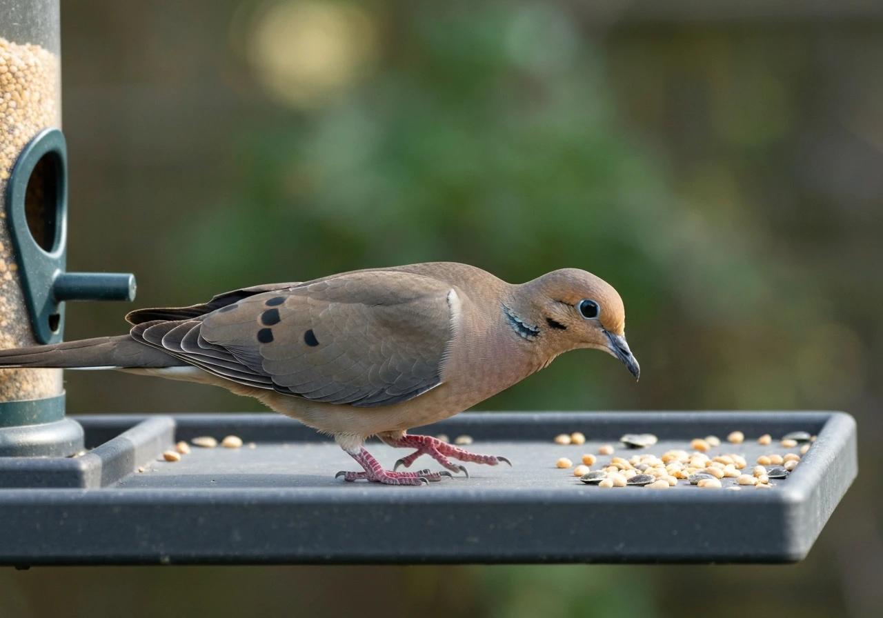 A mourning dove standing on a wide platform feeder, shown walking naturally in soft daylight.