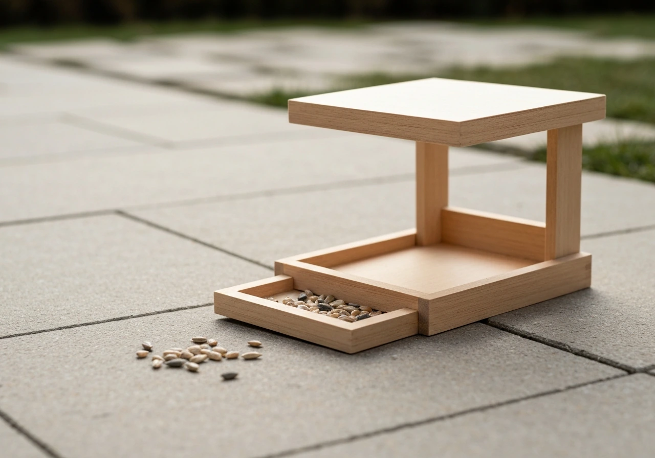 Close-up of a low-profile wooden platform bird feeder with a removable tray on a patio ground