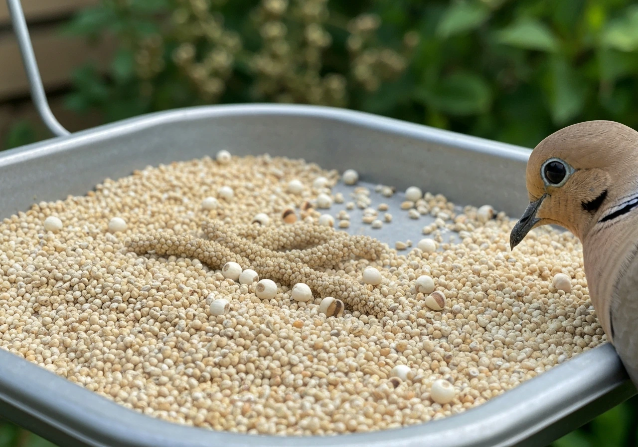 Mourning dove pecking millet seeds in a tray feeder, pale millet mix in sharp focus.