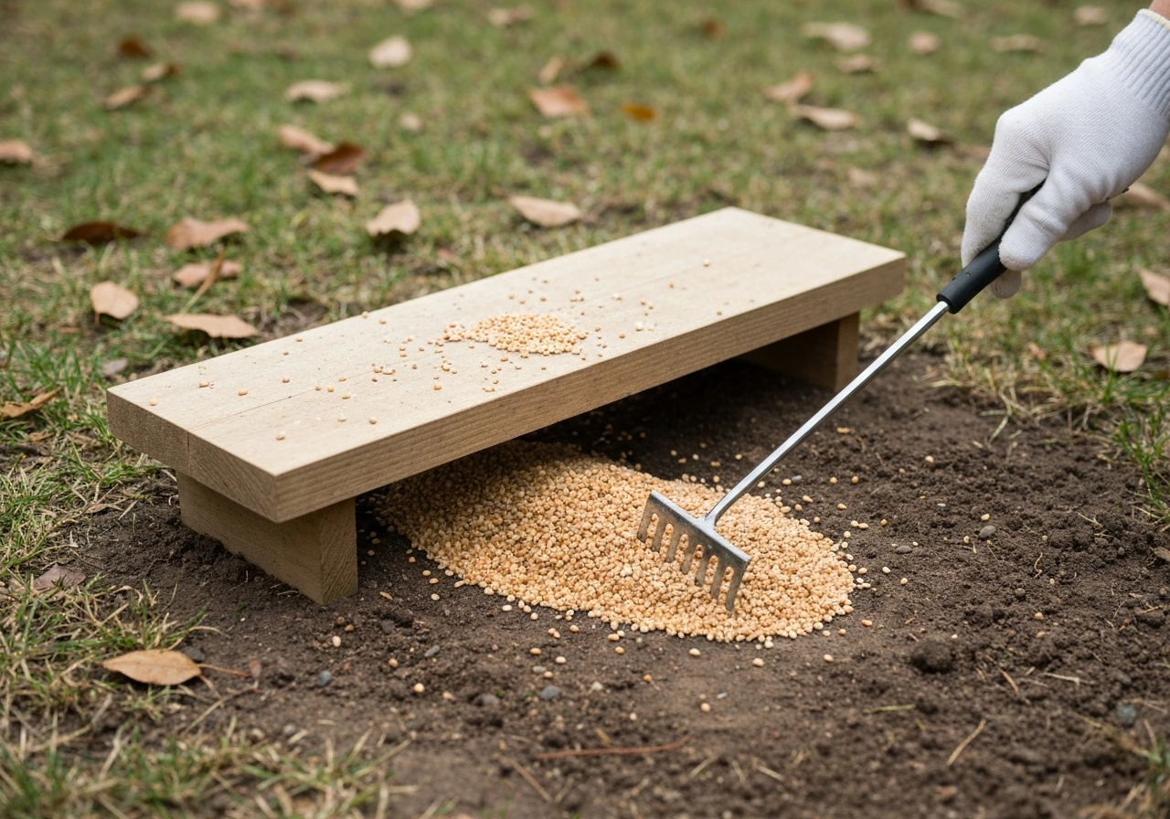 Gloved hand sweeping spilled bird seed under a platform feeder to keep the yard clean