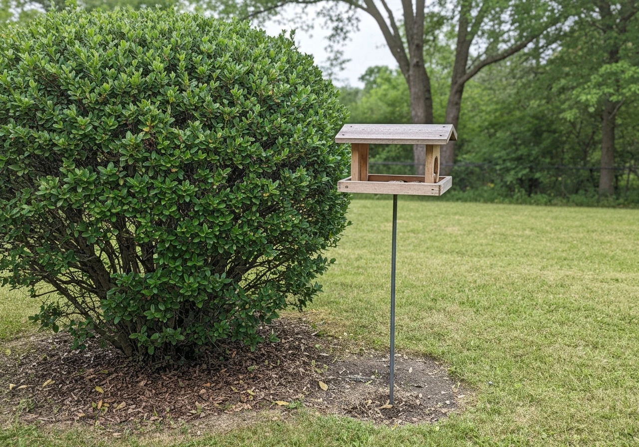 Bird feeder on a pole placed 5–10 feet from a shrub, showing safe cover and landing distance.