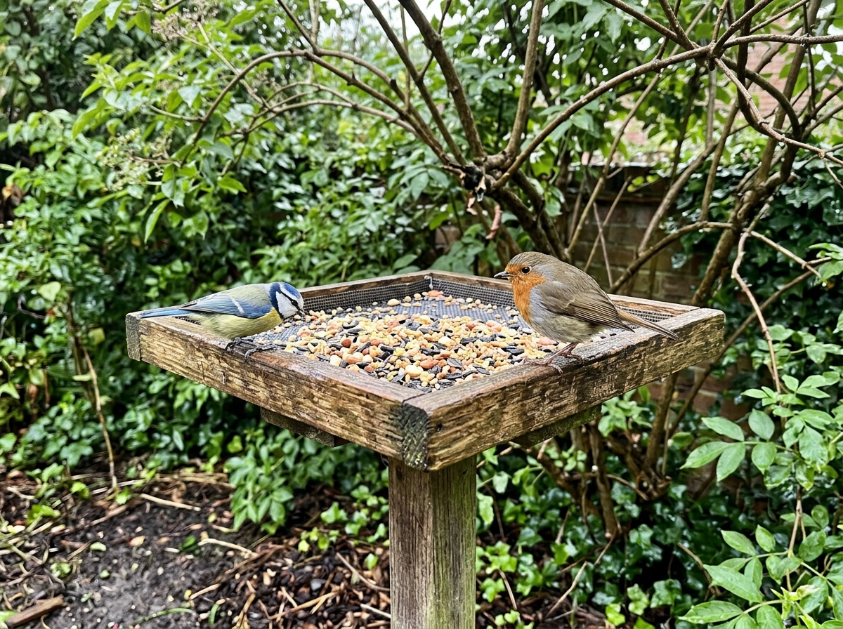 Platform feeder with open flat tray accessible to clinging and perching birds