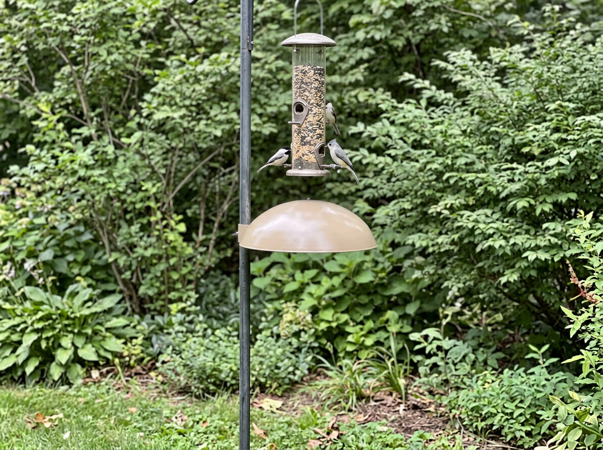 Squirrel baffle installed below a bird feeder on a smooth pole