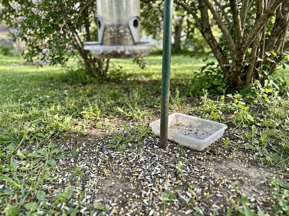 Mixed bird seed spilled on the ground with hulls near a feeder