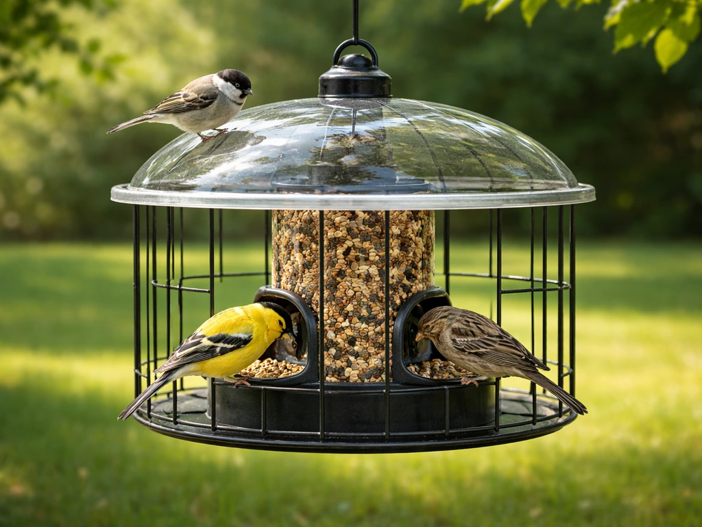 Small songbirds feeding at a grackle-resistant bird feeder with a guarded perch in a quiet backyard.
