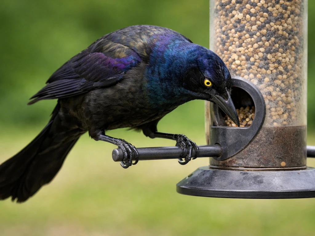 A large grackle leans into a backyard feeder opening, showing how it takes over standard feeders.