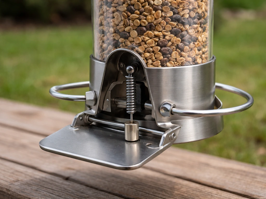 Close-up of a weight-sensitive bird feeder’s counterweight and spring closing ports at a threshold