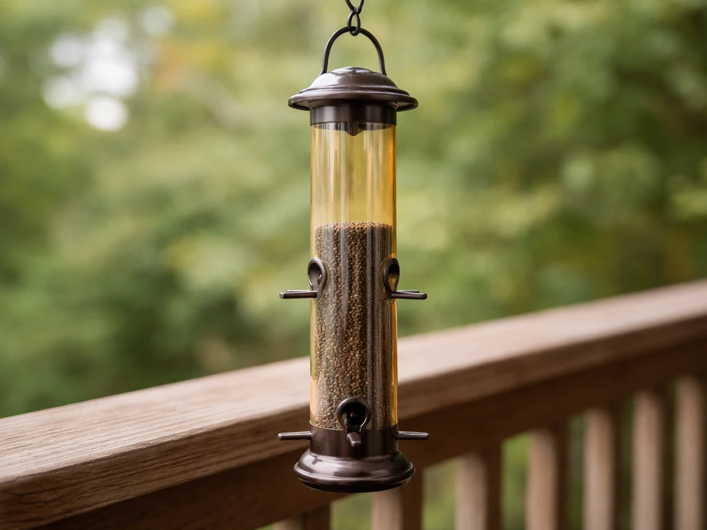 Close-up of a nyjer thistle tube feeder with tiny ports on a porch rail, finches-feeding design shown