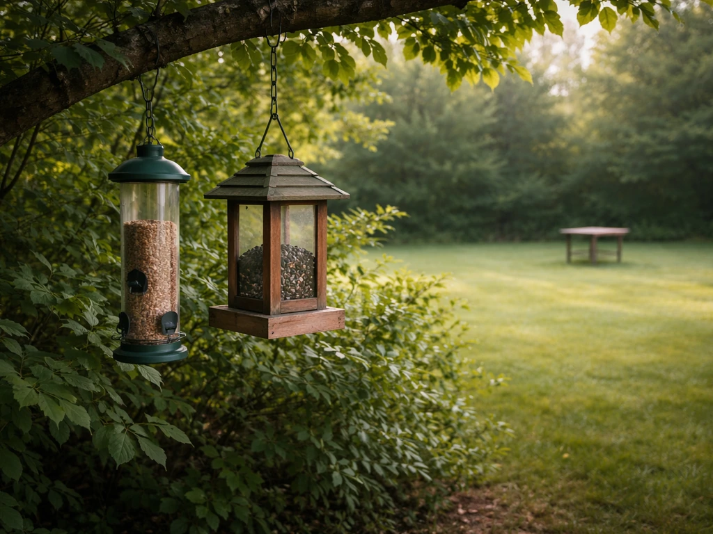 Hanging bird feeders near shrubs with an open lawn and a tray feeder placed farther away