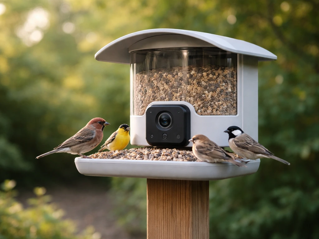 Smart bird feeder with an integrated camera mounted in a backyard, with small birds feeding
